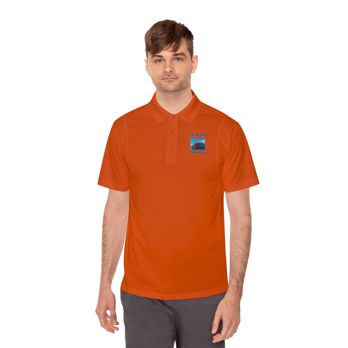 Men's blue Lake Sport Polo T-shirt by Printify featuring trucking design and the slogan "I’ll Sleep When I’m Done."