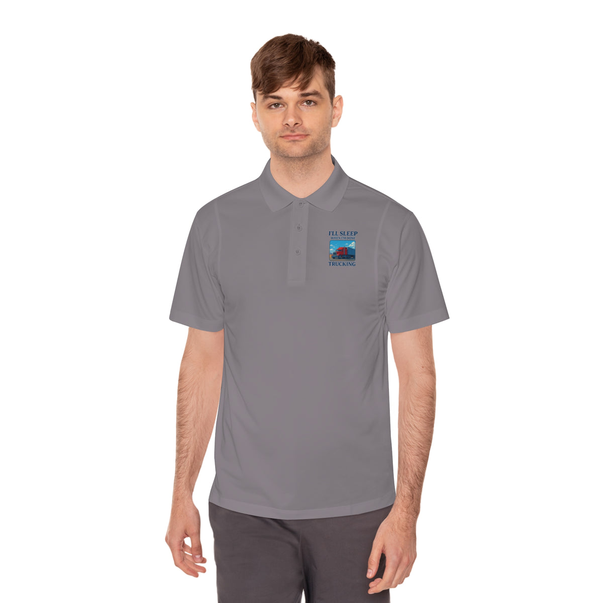 Men's blue Lake Sport Polo Shirt by Printify featuring a trucking design with the slogan "I’ll Sleep When I’m Done."