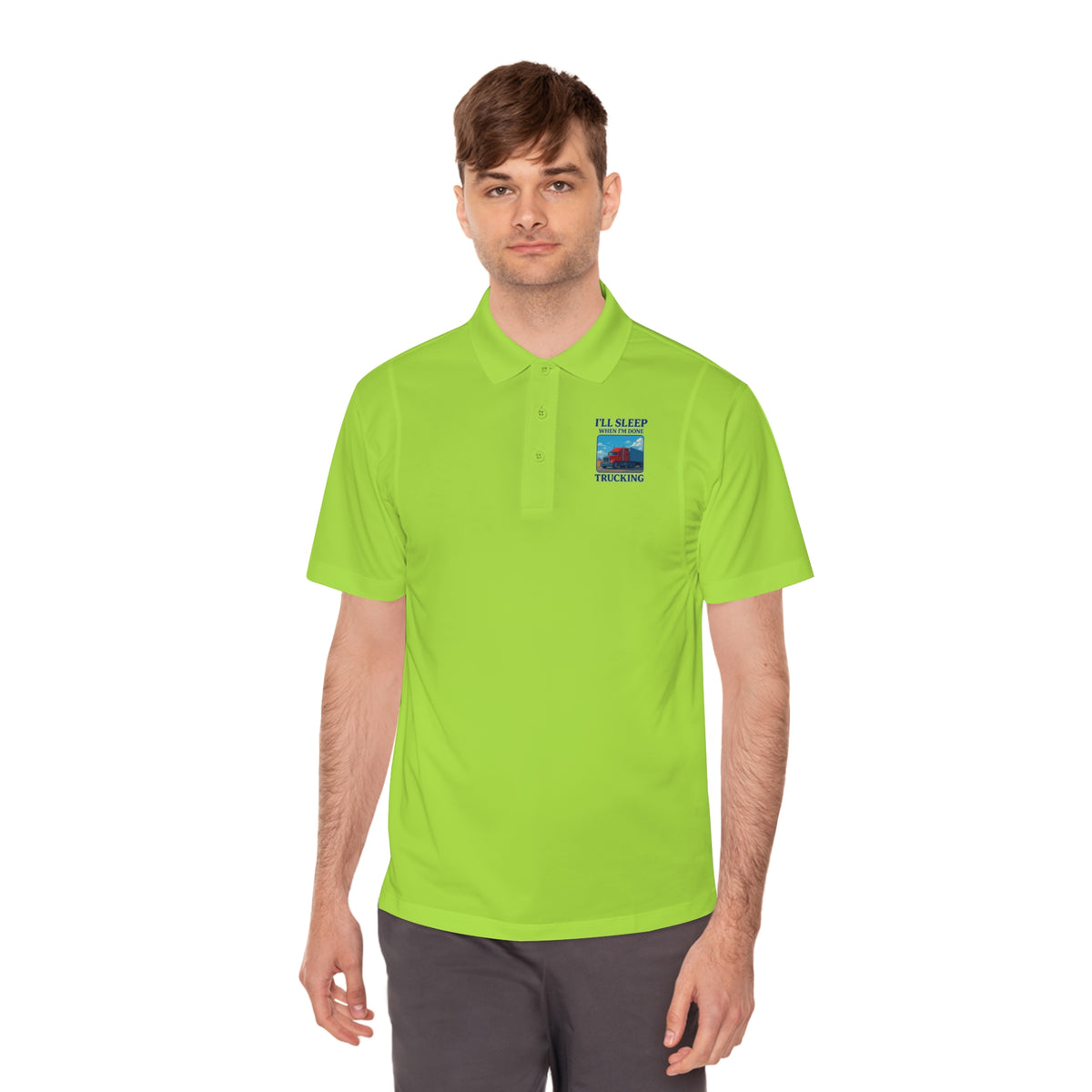 Men's blue Lake Sport Polo shirt with trucking design and "I’ll Sleep When I’m Done" slogan by Printify.
