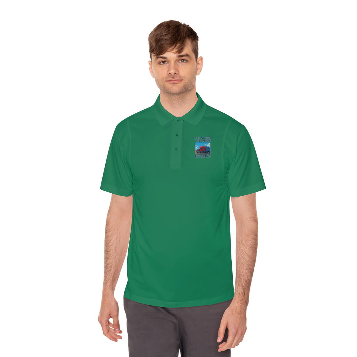 Men's blue sport polo shirt with trucking design and slogan "I’ll Sleep When I’m Done," by Printify.