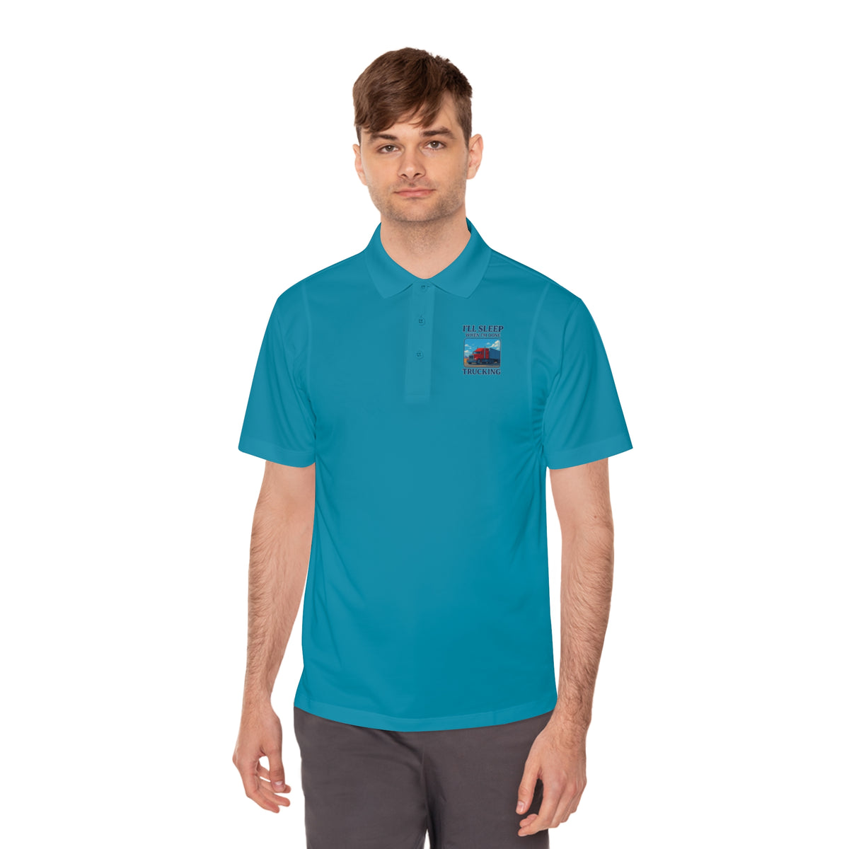 Men's blue sport polo shirt by Printify featuring a trucking design and the phrase "I’ll Sleep When I’m Done" on the front.
