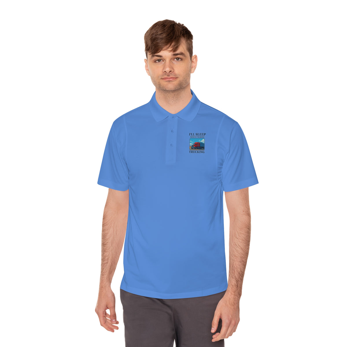Men's blue sport polo shirt by Printify featuring a trucking design with the phrase "I’ll Sleep When I’m Done."