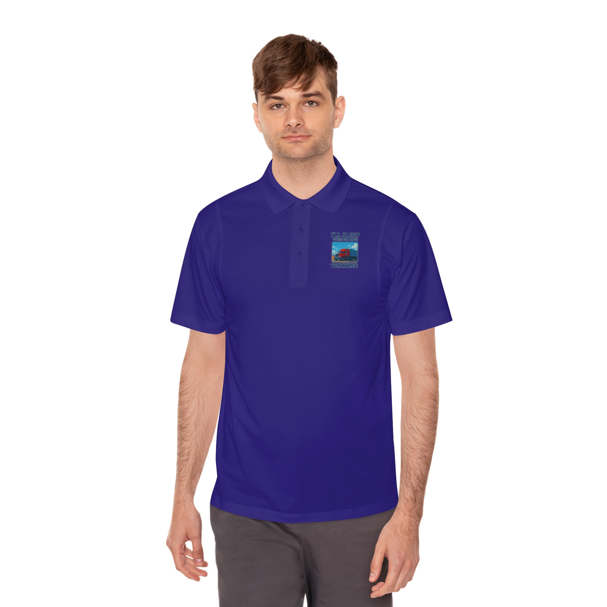 Men's blue sport polo shirt with trucking design and humorous "I’ll Sleep When I’m Done" slogan by Printify.