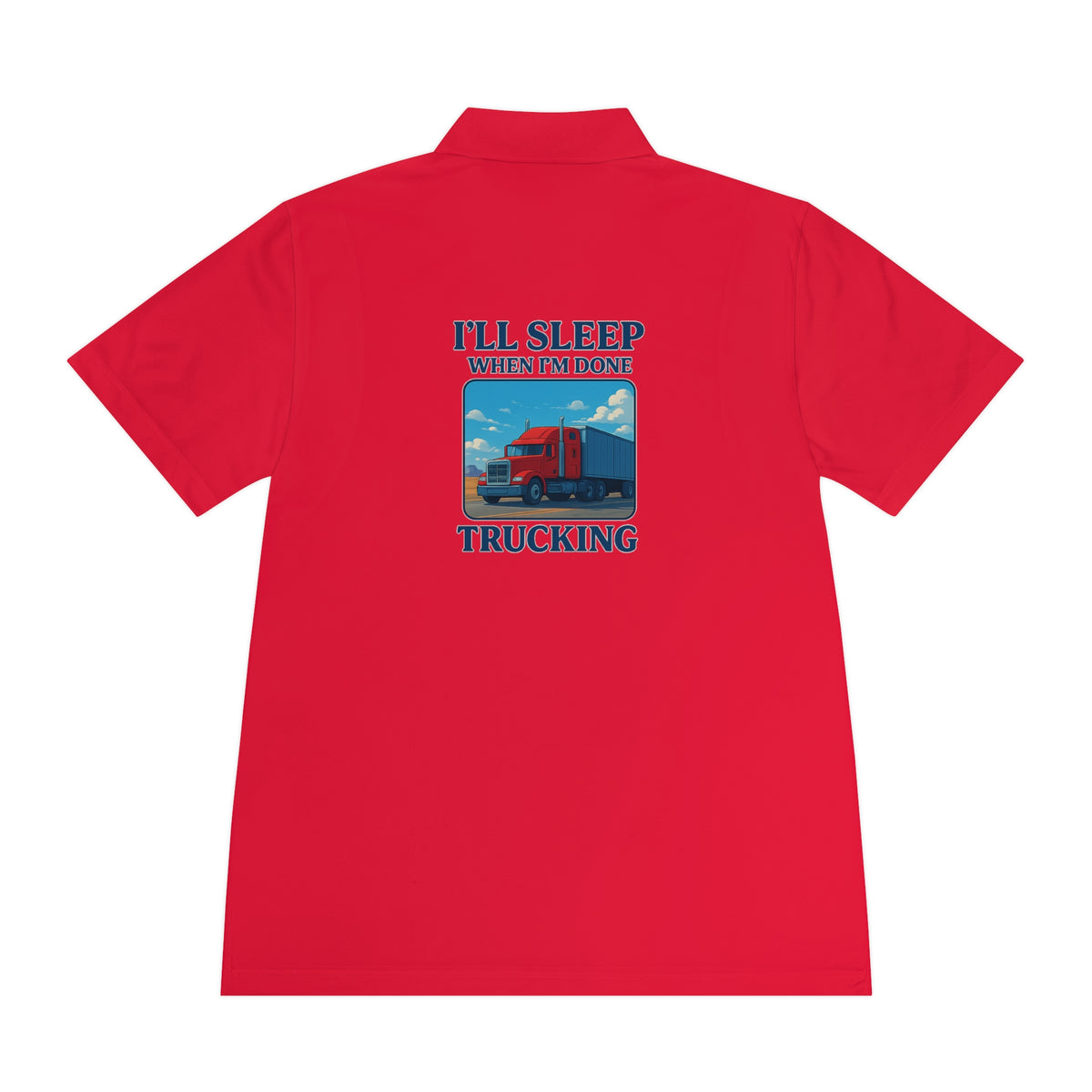 Men's blue lake sport polo shirt by Printify featuring trucking design with "I’ll Sleep When I’m Done" slogan.