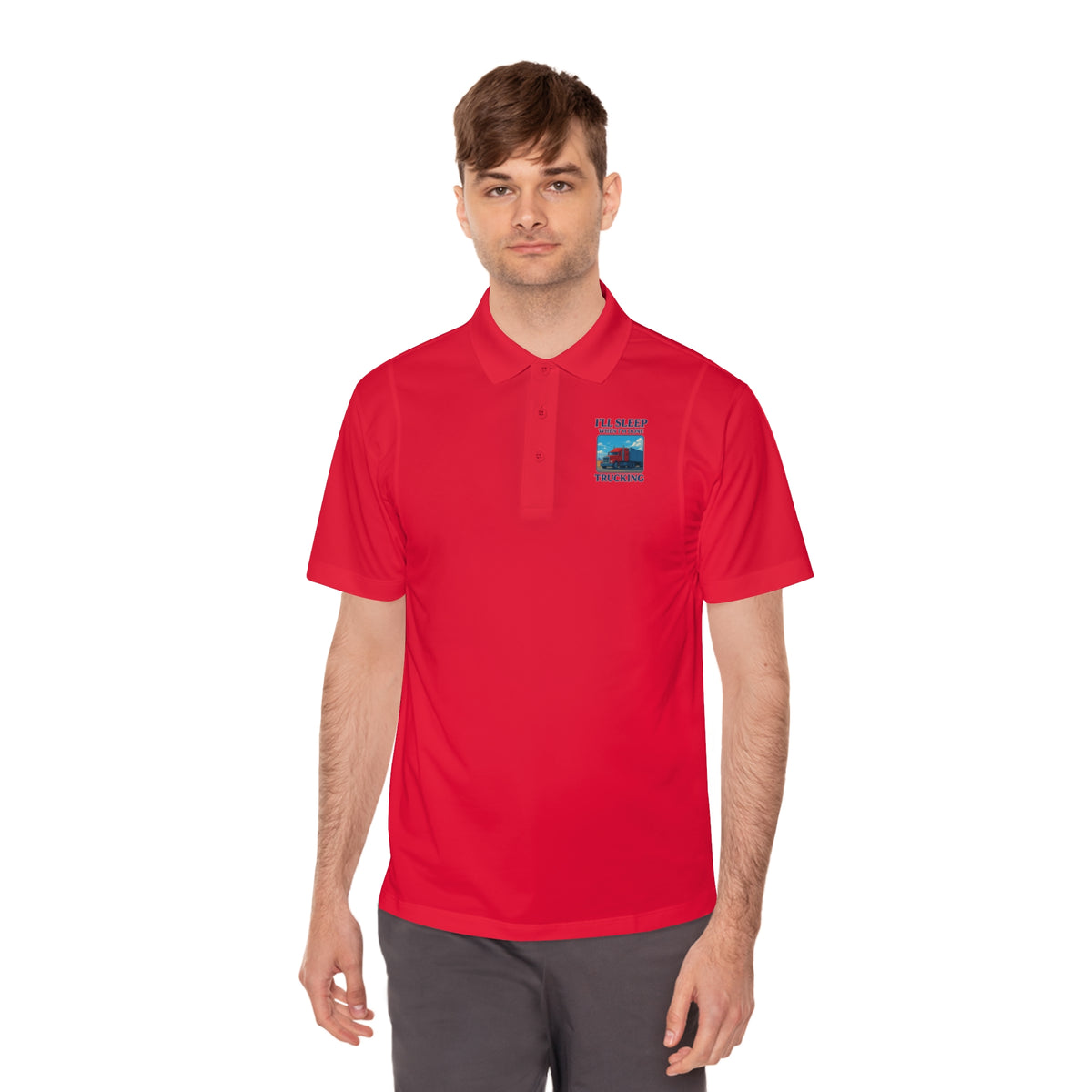 Men's blue sport polo shirt with trucking design and "I’ll Sleep When I’m Done" slogan, by Printify.