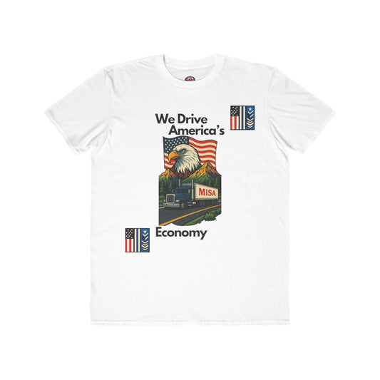Patriotic men's lightweight Caribbean blue T-shirt featuring "We Drive America’s Economy" print by Printify.