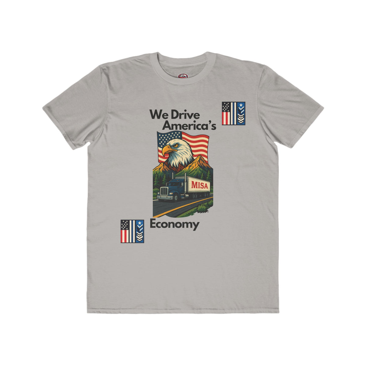 Caribbean blue men's patriotic lightweight T-shirt by Printify featuring "We Drive America’s Economy" slogan and American flag design.