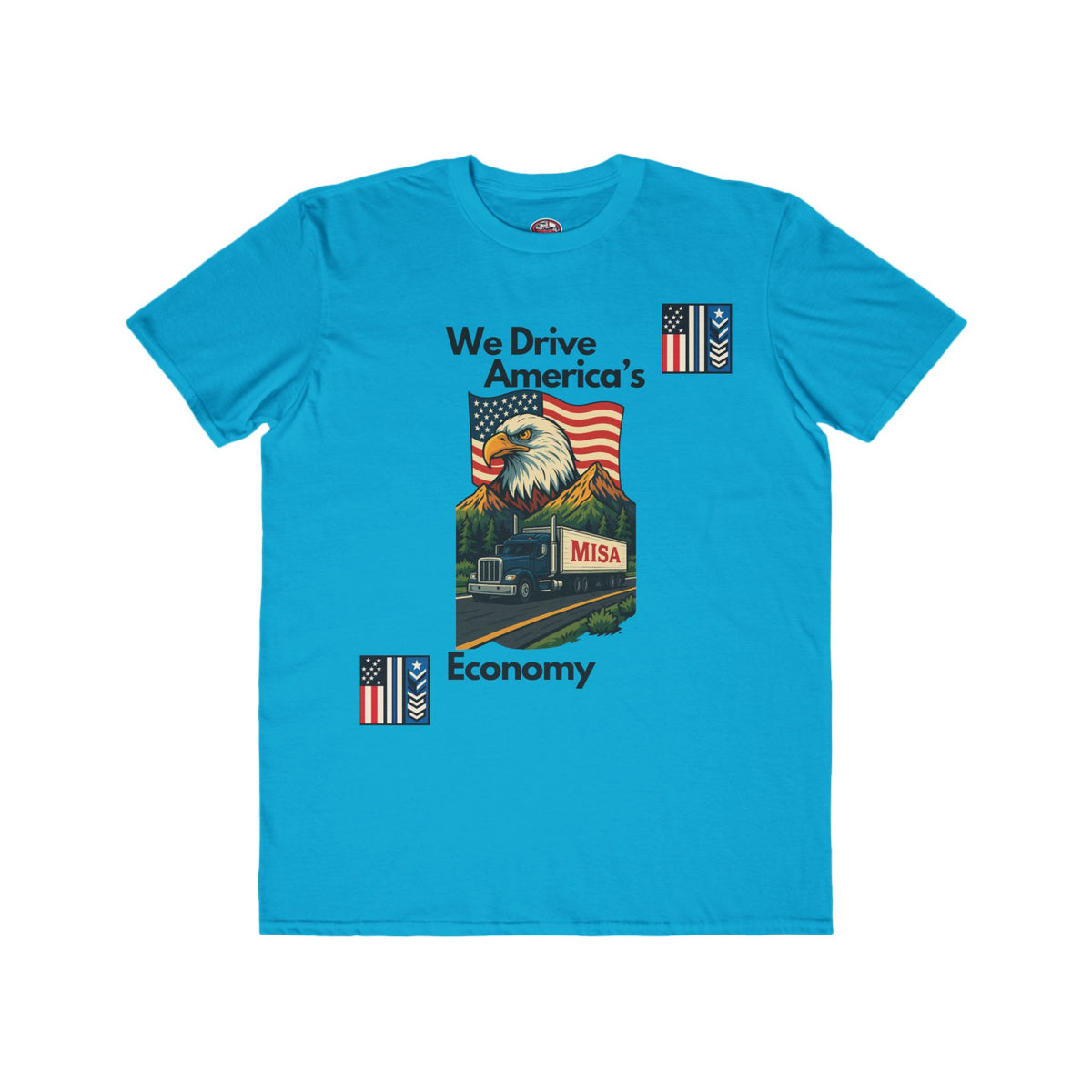 Caribbean blue men's lightweight patriotic T-shirt with "We Drive America’s Economy" print, stylish and comfortable for casual wear.