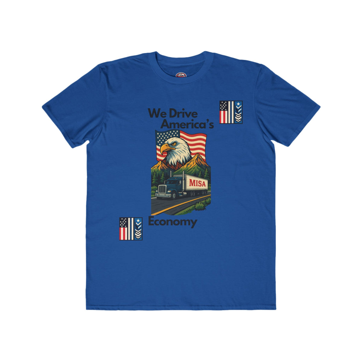 Caribbean blue men's patriotic lightweight T-shirt by Printify featuring "We Drive America's Economy" graphic design.