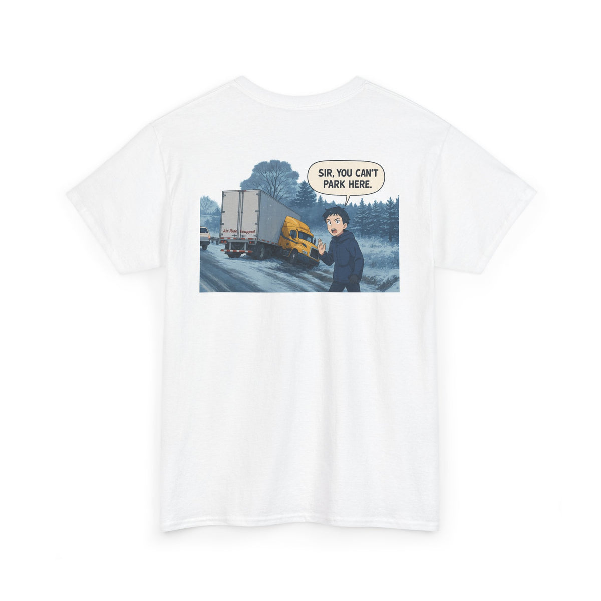 Unisex heavy cotton T-shirt by Printify with humorous "Sir, You Can't Park Here!" print on cornsilk fabric.