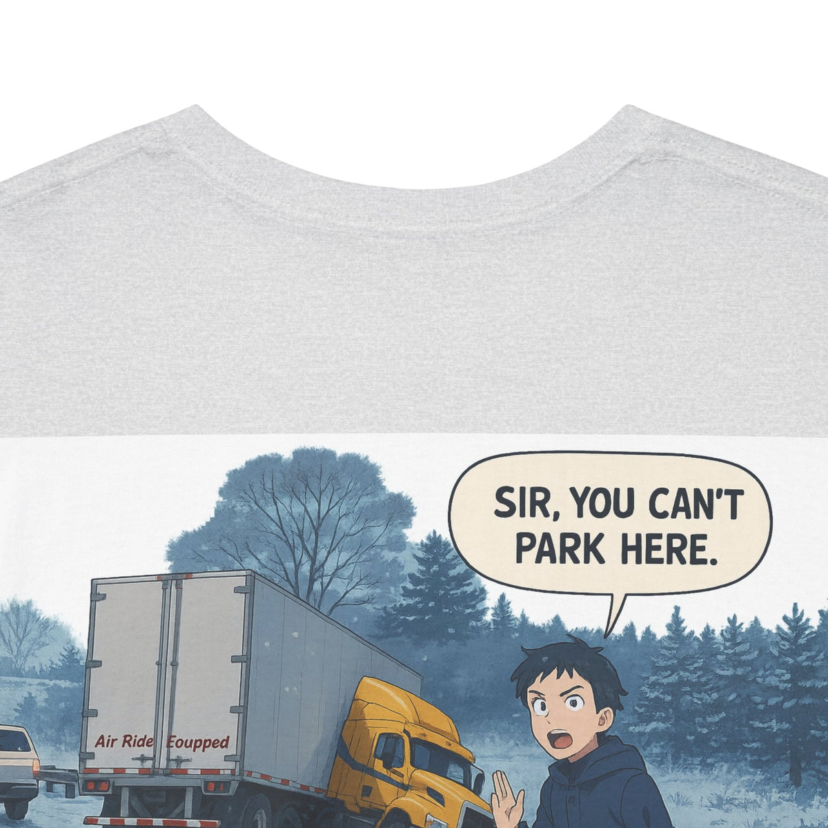 Funny unisex heavy cotton T-shirt by Printify featuring the humorous "Sir, You Can't Park Here!" slogan on a cornsilk background.