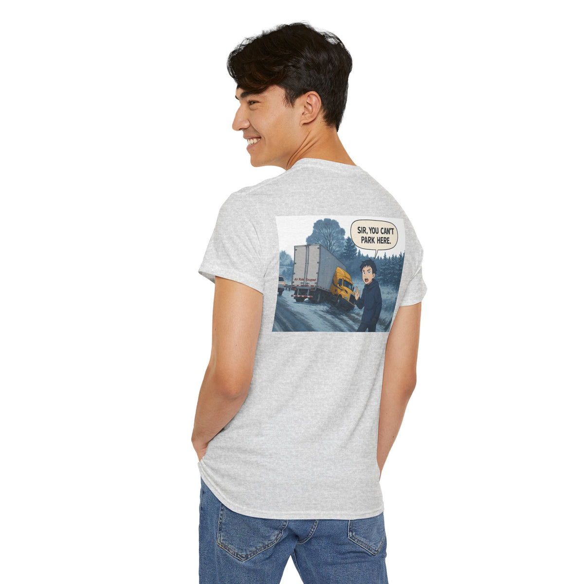 Unisex heavy cotton T-shirt with humorous "Sir, You Can't Park Here!" print, in corn silk color, by Printify.