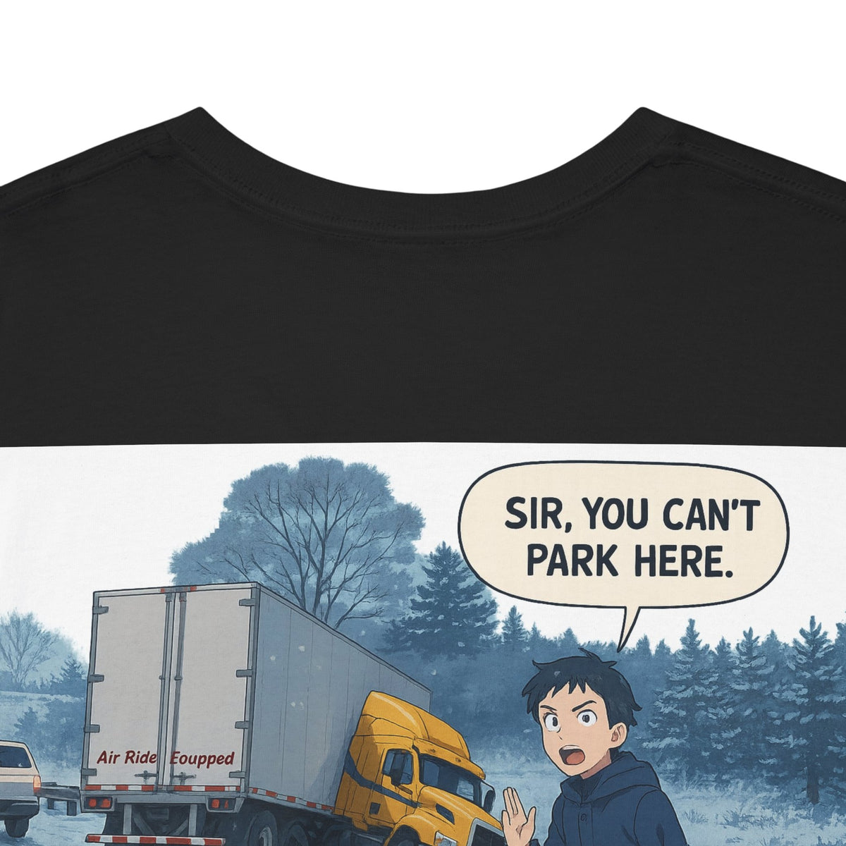 Funny unisex heavy cotton T-shirt by Printify featuring the humorous "Sir, You Can't Park Here!" slogan on a Cornsilk background.