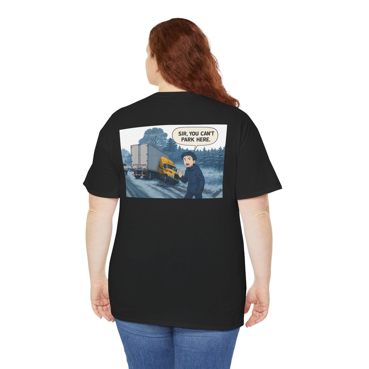 Funny unisex heavy cotton T-shirt with "Sir, You Can't Park Here!" slogan, in cornsilk color, by Printify.