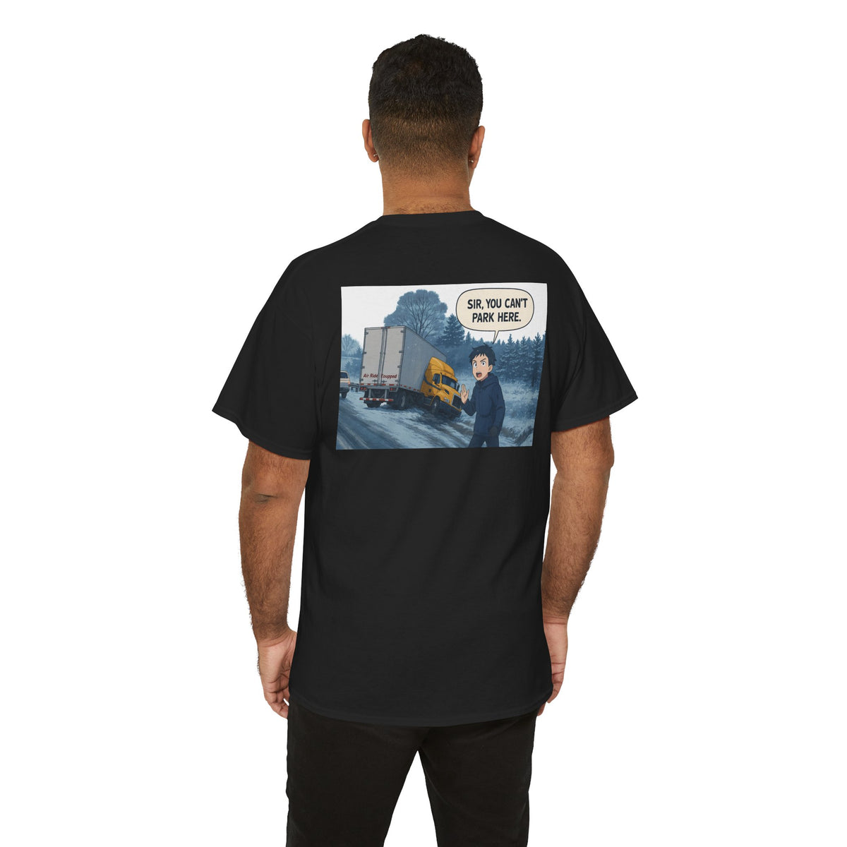Funny unisex heavy cotton T-shirt with "Sir, You Can't Park Here!" slogan, in cornsilk color, by Printify.