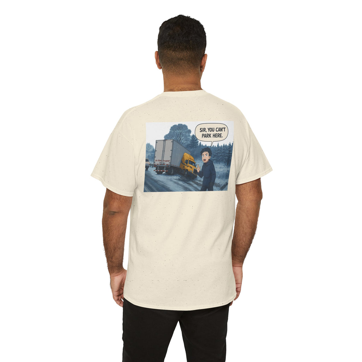 Funny unisex heavy cotton T-shirt from Printify featuring the "Sir, You Can't Park Here!" graphic on a cornsilk background.