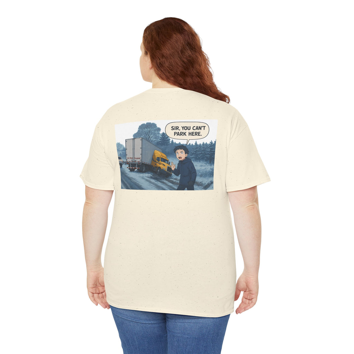 Unisex heavy cotton T-shirt with humorous "Sir, You Can't Park Here!" print, in a cornsilk color, by Printify.
