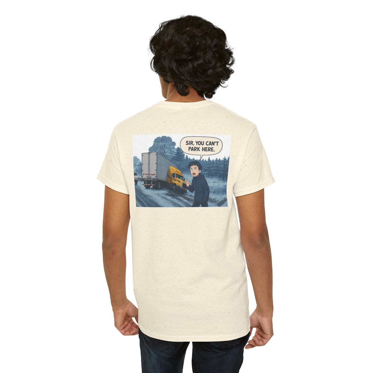 Funny unisex heavy cotton T-shirt with "Sir, You Can't Park Here!" printed on corn silk color, by Printify.
