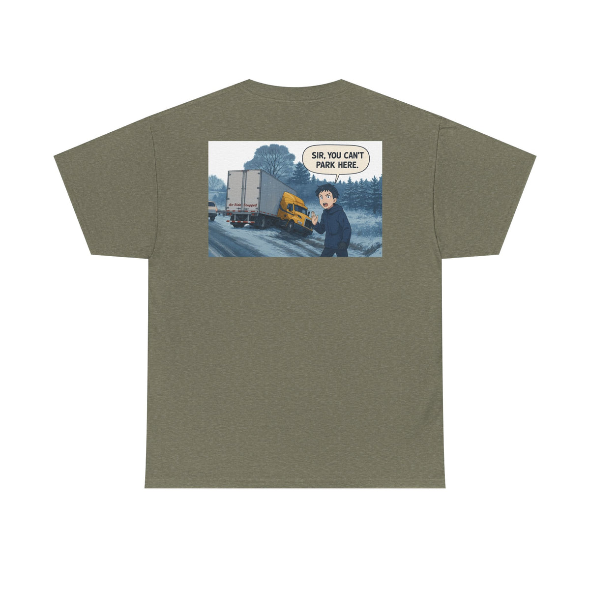 Funny unisex heavy cotton T-shirt with "Sir, You Can't Park Here!" print, by Printify, in cornsilk color.