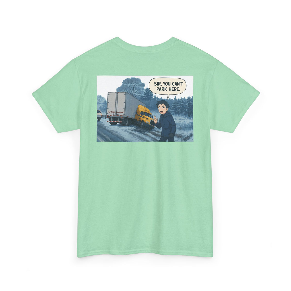 Unisex heavy cotton T-shirt with humorous "Sir, You Can't Park Here!" print, designed by Printify, in cornsilk color.