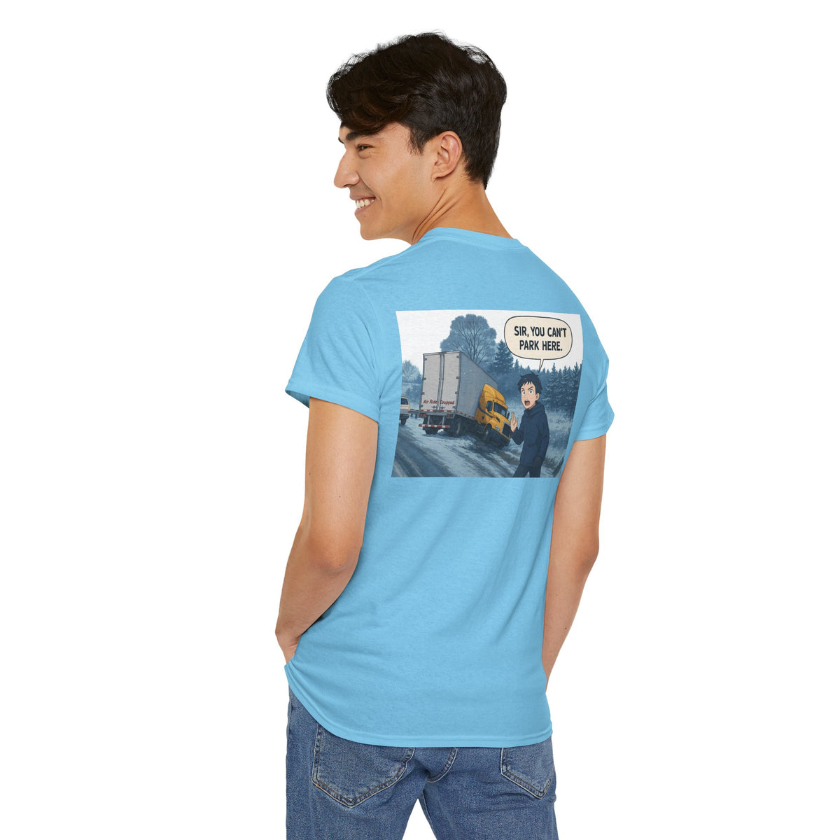 Funny unisex heavy cotton T-shirt with "Sir, You Can't Park Here!" slogan, in cornsilk color, by Printify.