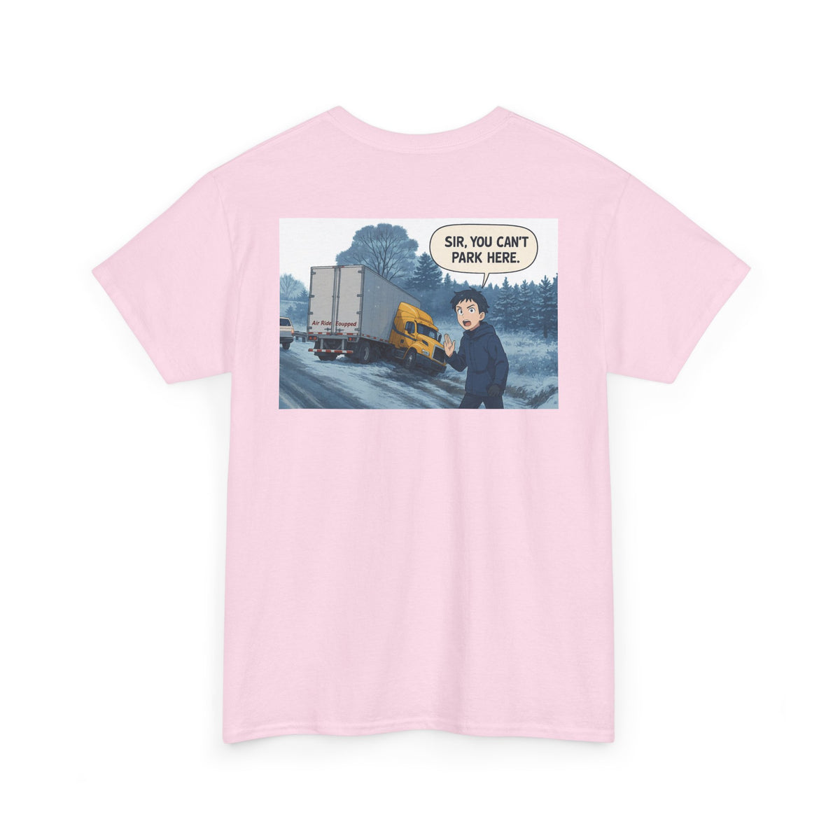 Funny unisex cotton T-shirt by Printify with "Sir, You Can't Park Here!" slogan on a light corn silk background.