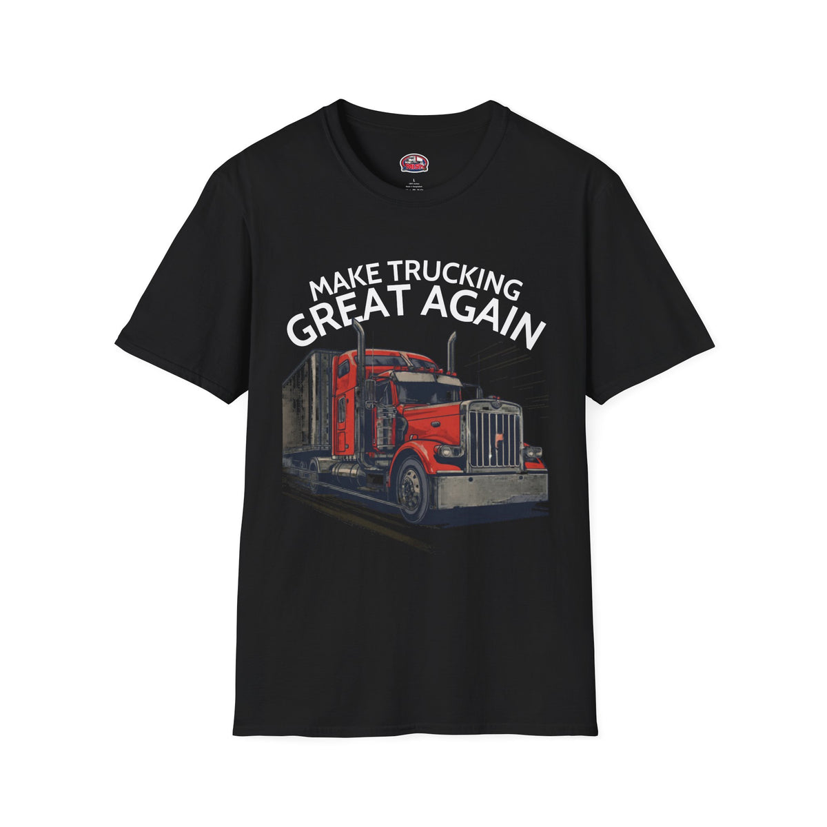 Vintage red semi-truck graphic T-shirt featuring "Make Trucking Great Again" slogan, in dark chocolate color, by Printify.