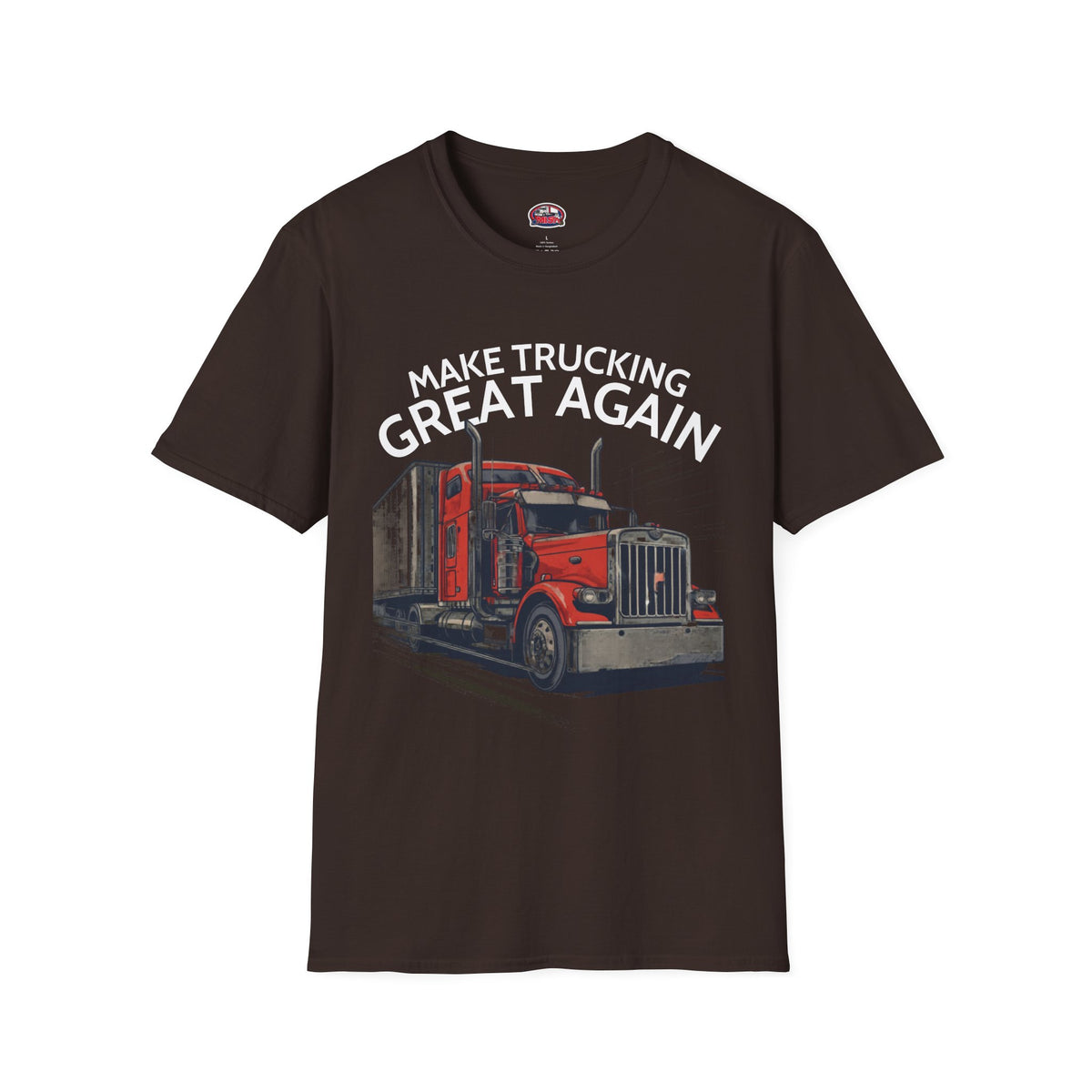 Vintage red semi truck graphic T-Shirt from Printify featuring "Make Trucking Great Again" slogan, dark chocolate color, S size.