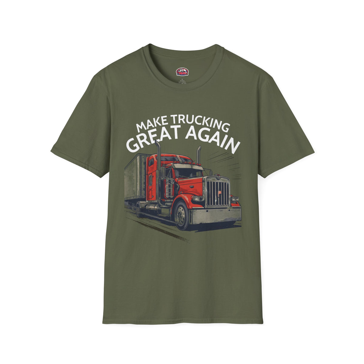 Vintage red semi-truck graphic T-shirt from Printify featuring the "Make Trucking Great Again" slogan on a dark chocolate background.