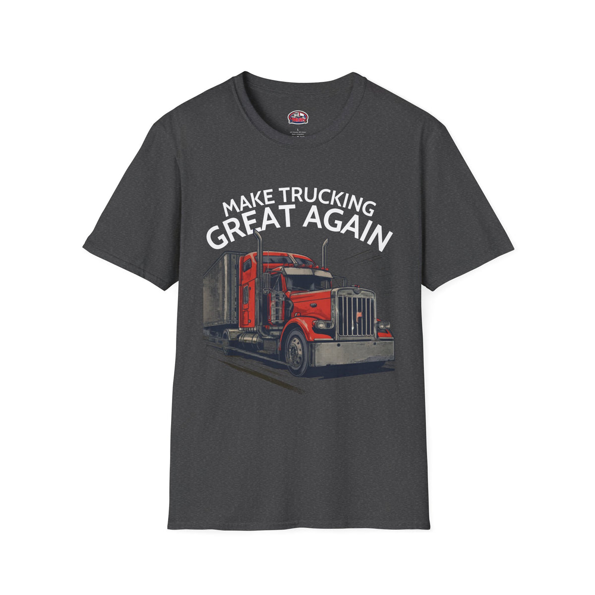 Vintage red semi truck graphic T-shirt from Printify, featuring "Make Trucking Great Again" design on a dark chocolate fabric.
