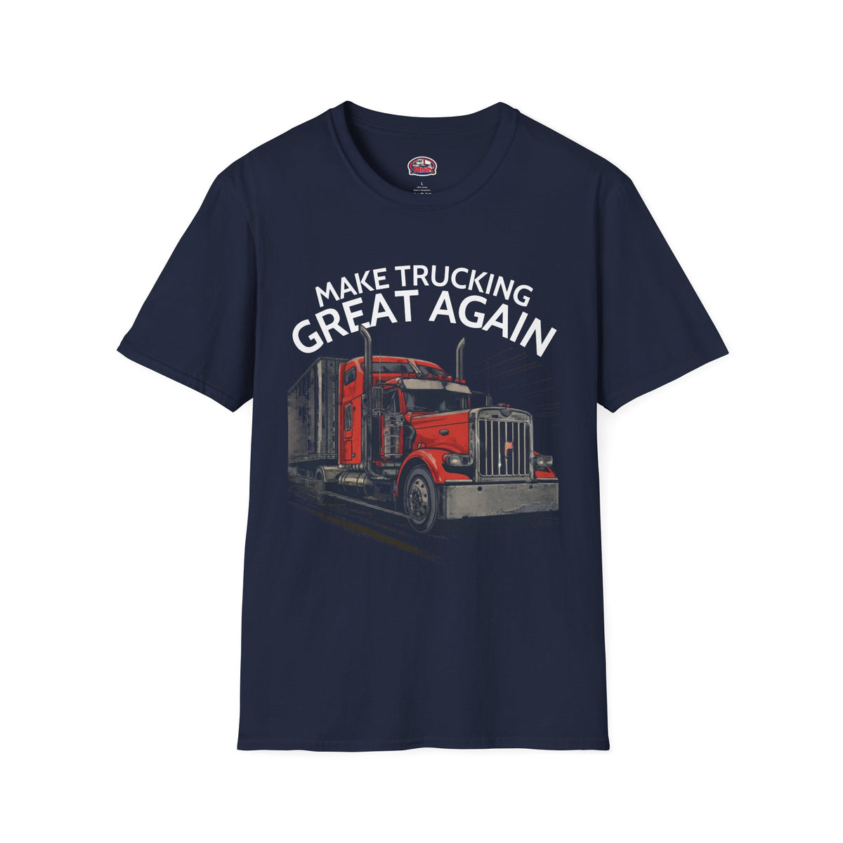 Vintage red semi-truck graphic T-shirt from Printify featuring "Make Trucking Great Again" design on dark chocolate fabric.