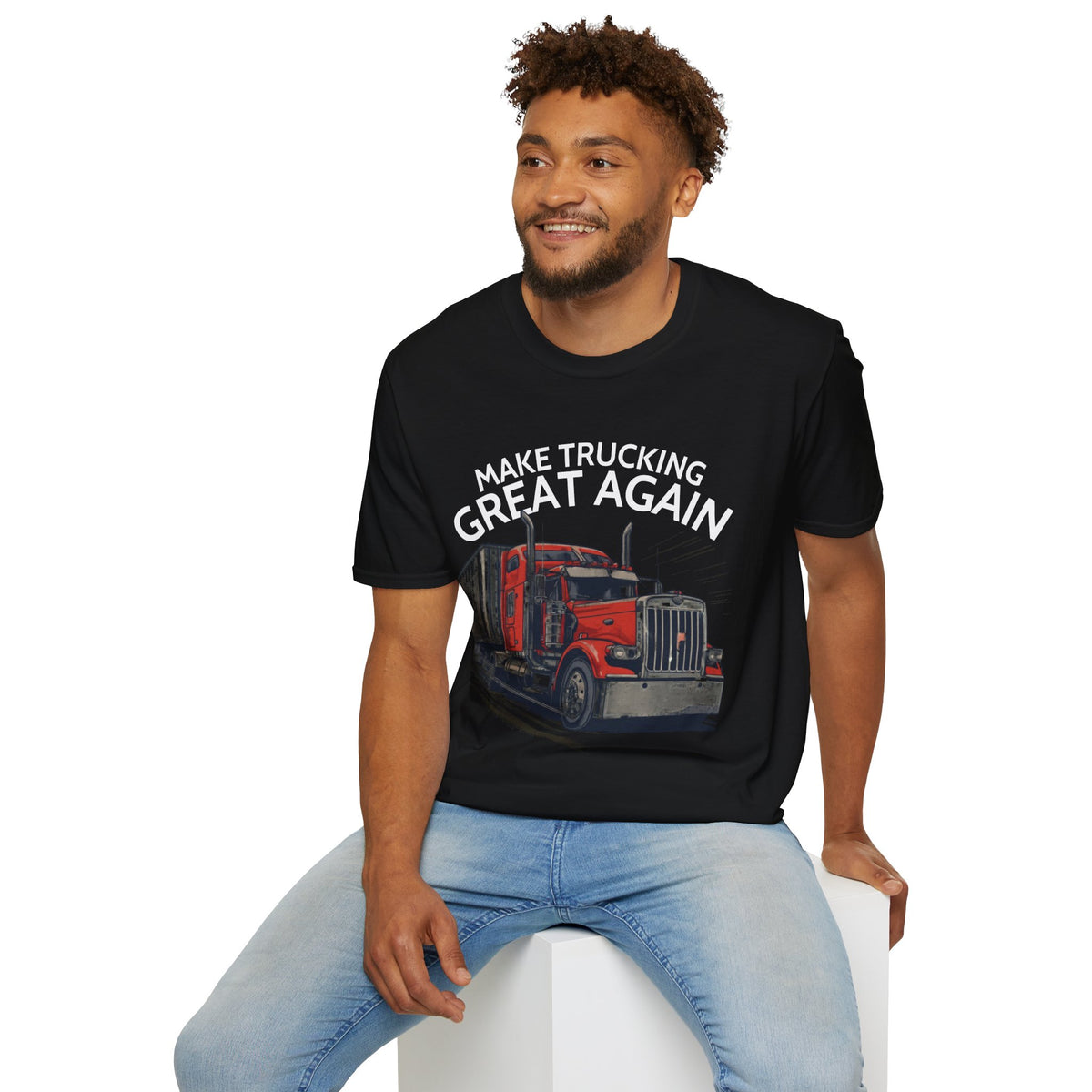 Vintage red semi-truck graphic T-shirt by Printify featuring "Make Trucking Great Again" slogan on a dark chocolate background.