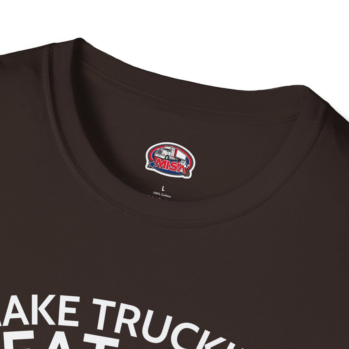 Vintage red semi-truck graphic T-shirt in dark chocolate from Printify, featuring the "Make Trucking Great Again" design.