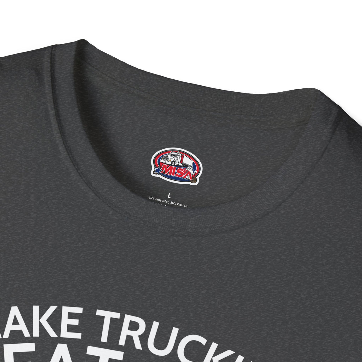 Vintage red semi-truck graphic T-shirt by Printify, "Make Trucking Great Again" slogan on a dark chocolate-colored tee.