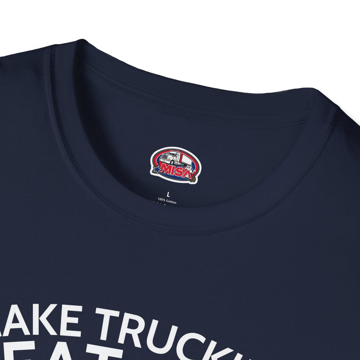 Vintage red semi truck graphic T-shirt by Printify featuring "Make Trucking Great Again" slogan on a dark chocolate background.