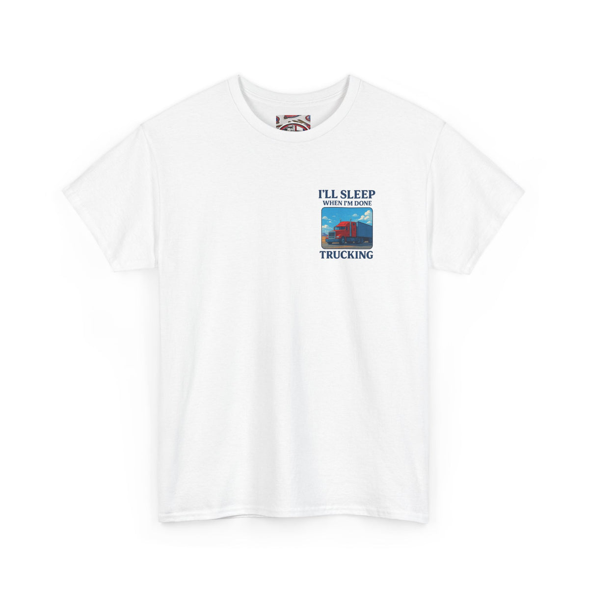 Light blue unisex cotton T-shirt with "I'll Sleep When I'm Done Trucking" print, by Printify.