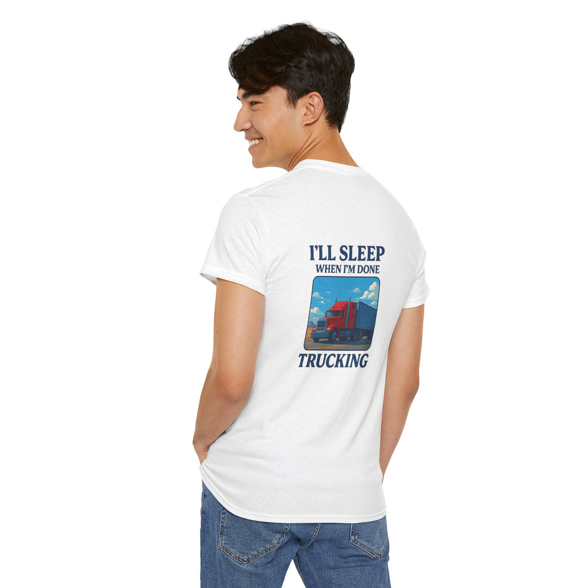 Light blue unisex heavy cotton T-shirt featuring the "I'll Sleep When I'm Done Trucking" Printify graphic design.