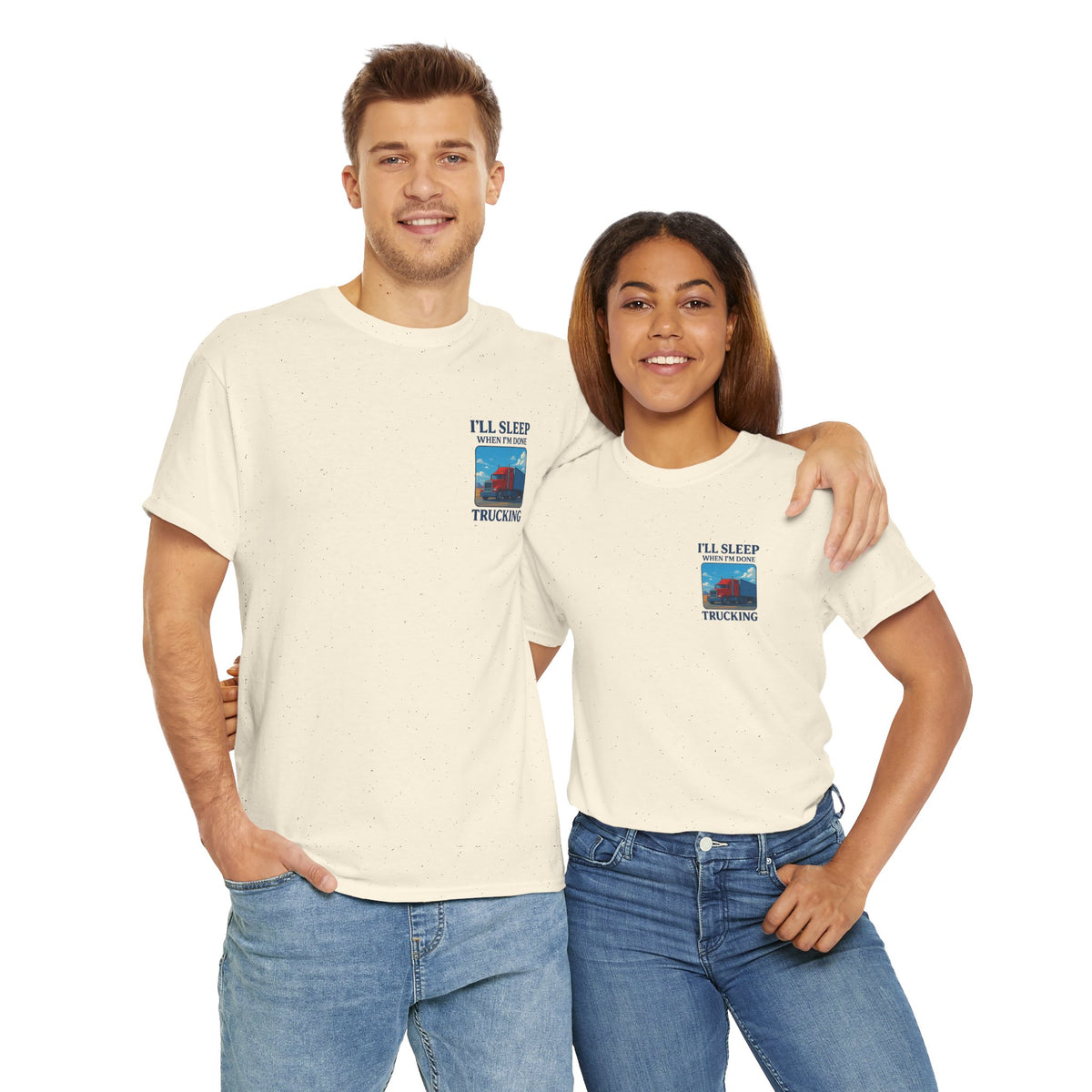 Light blue unisex heavy cotton T-shirt with "I'll Sleep When I'm Done Trucking" print, from Printify product line.