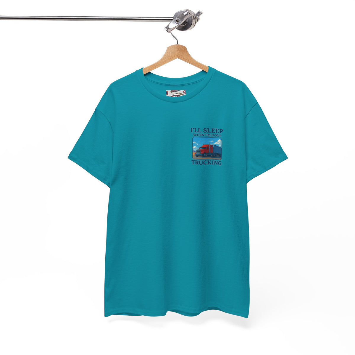 Light blue unisex cotton T-shirt featuring the "I'll Sleep When I'm Done Trucking" print, by Printify.