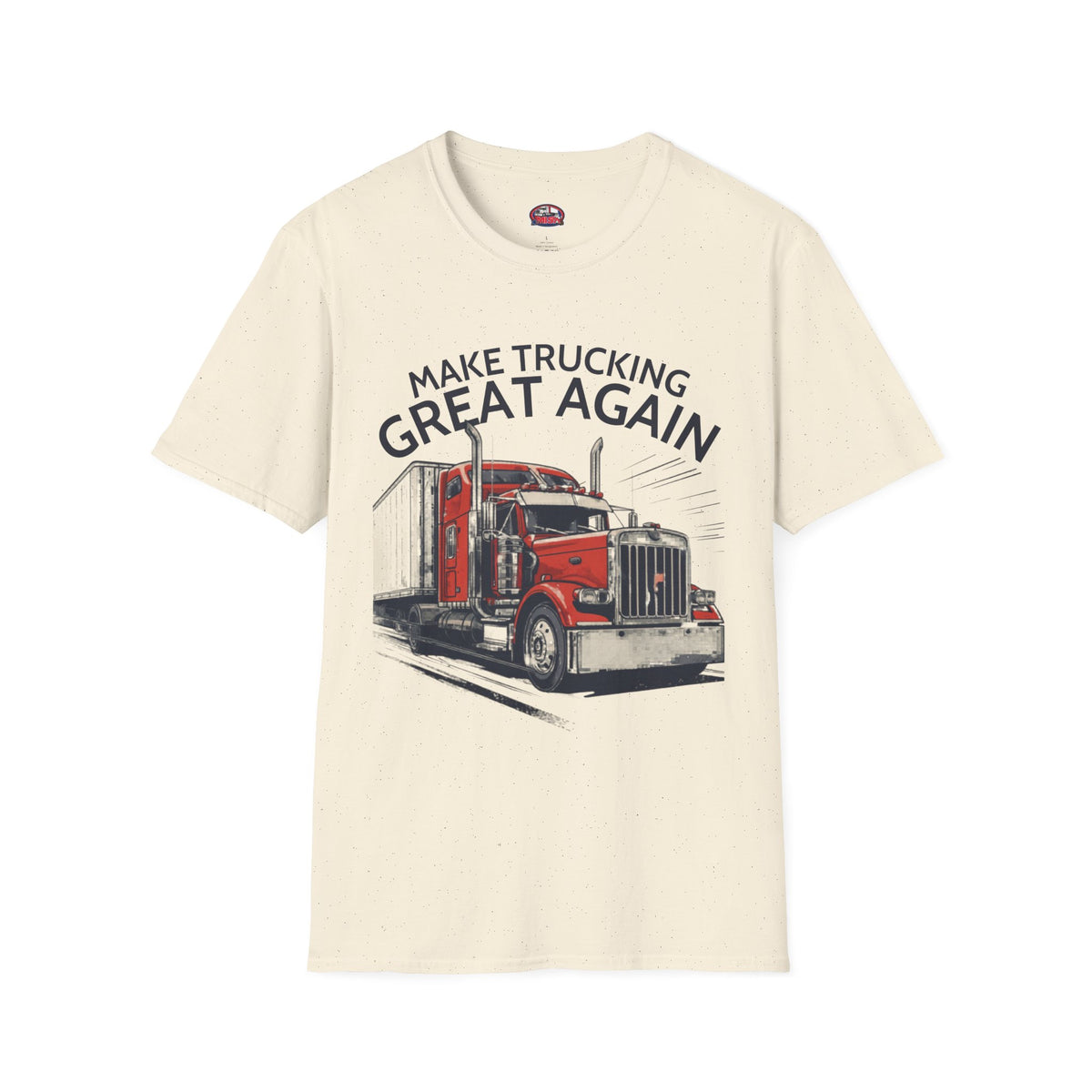 Light blue Make Trucking Great Again T-Shirt with semi-truck graphic, designed for truck drivers and fans, by Printify.