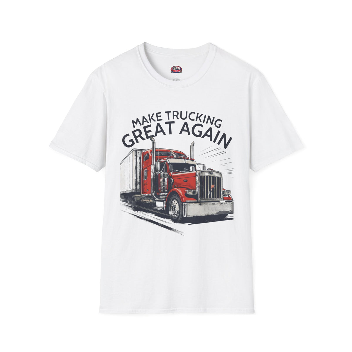 Light blue Make Trucking Great Again T-Shirt with semi-truck graphic for truck drivers and fans, by Printify.