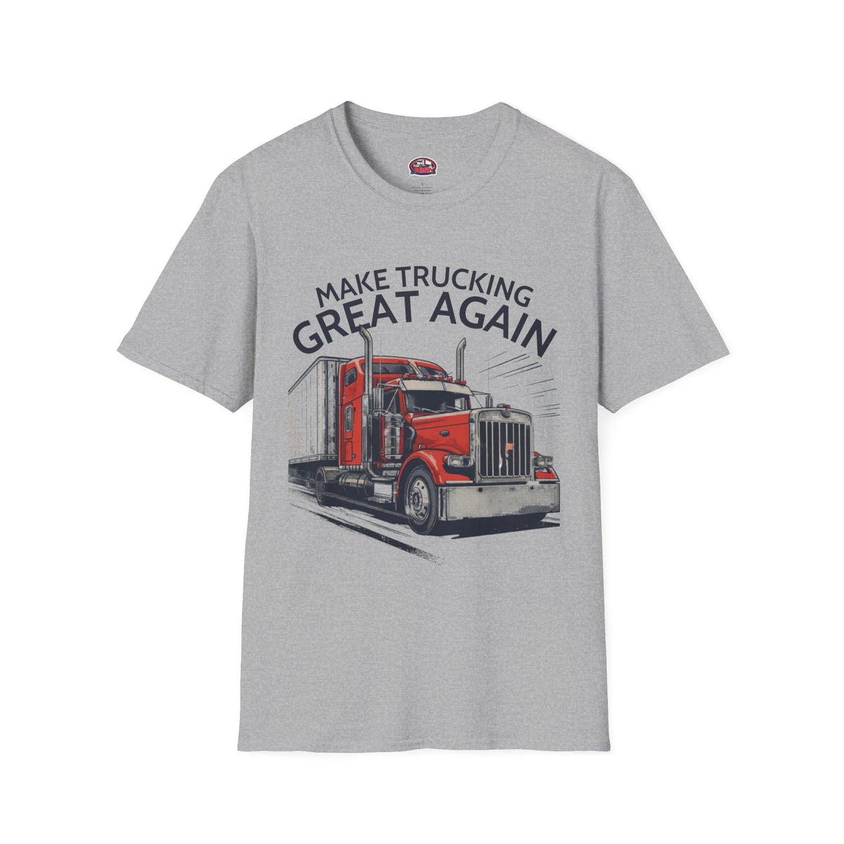 Light blue Make Trucking Great Again T-shirt featuring a semi truck graphic, perfect for truck drivers and trucking fans.