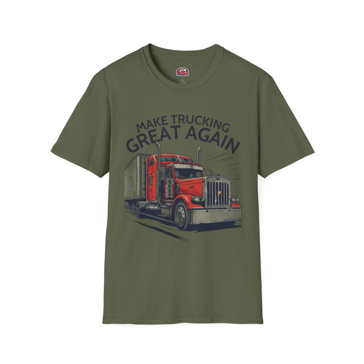 Light blue Make Trucking Great Again T-Shirt featuring a semi-truck graphic, ideal for truck drivers and trucking fans.