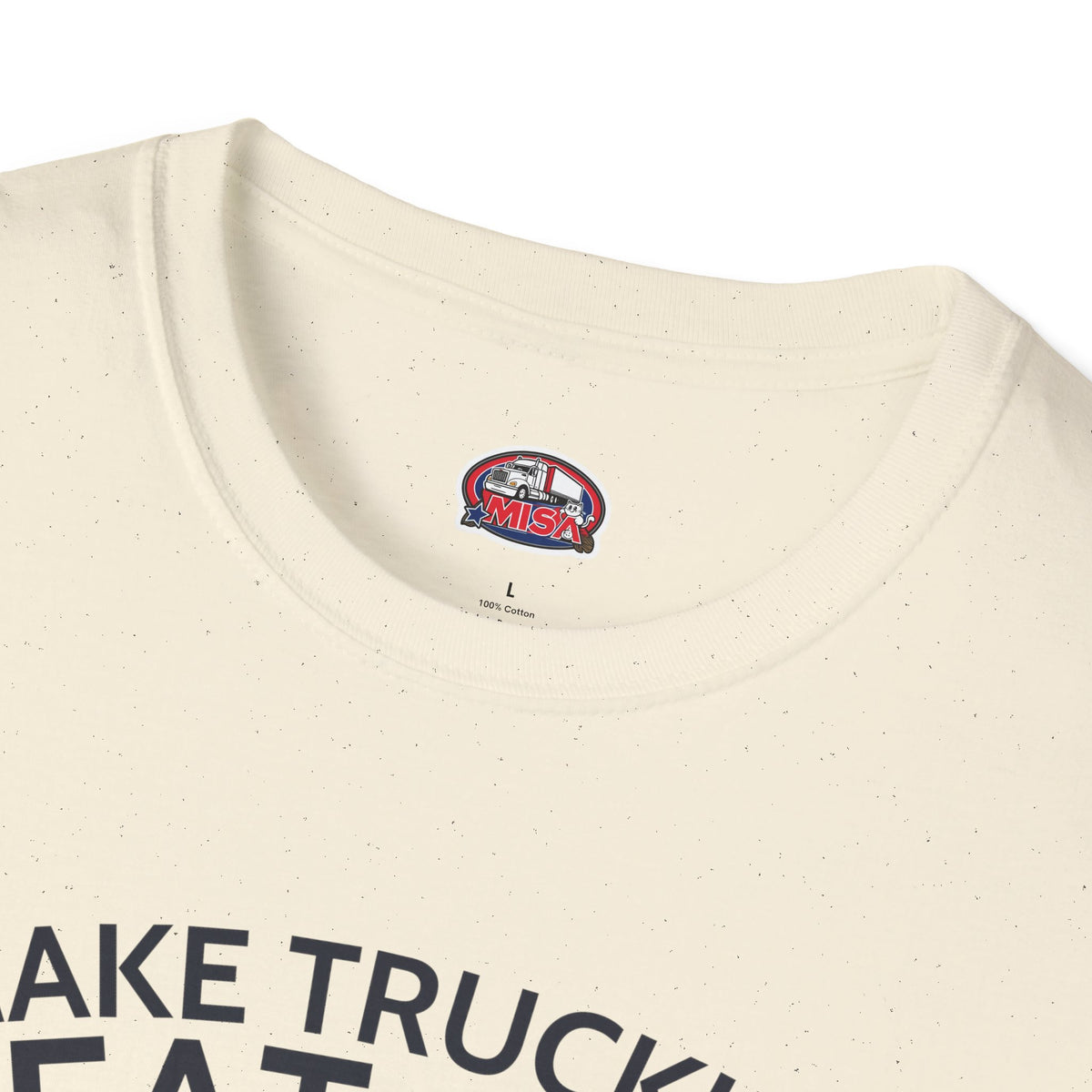 Light blue Make Trucking Great Again T-Shirt with semi-truck graphic, ideal for truck drivers and fans, by Printify.