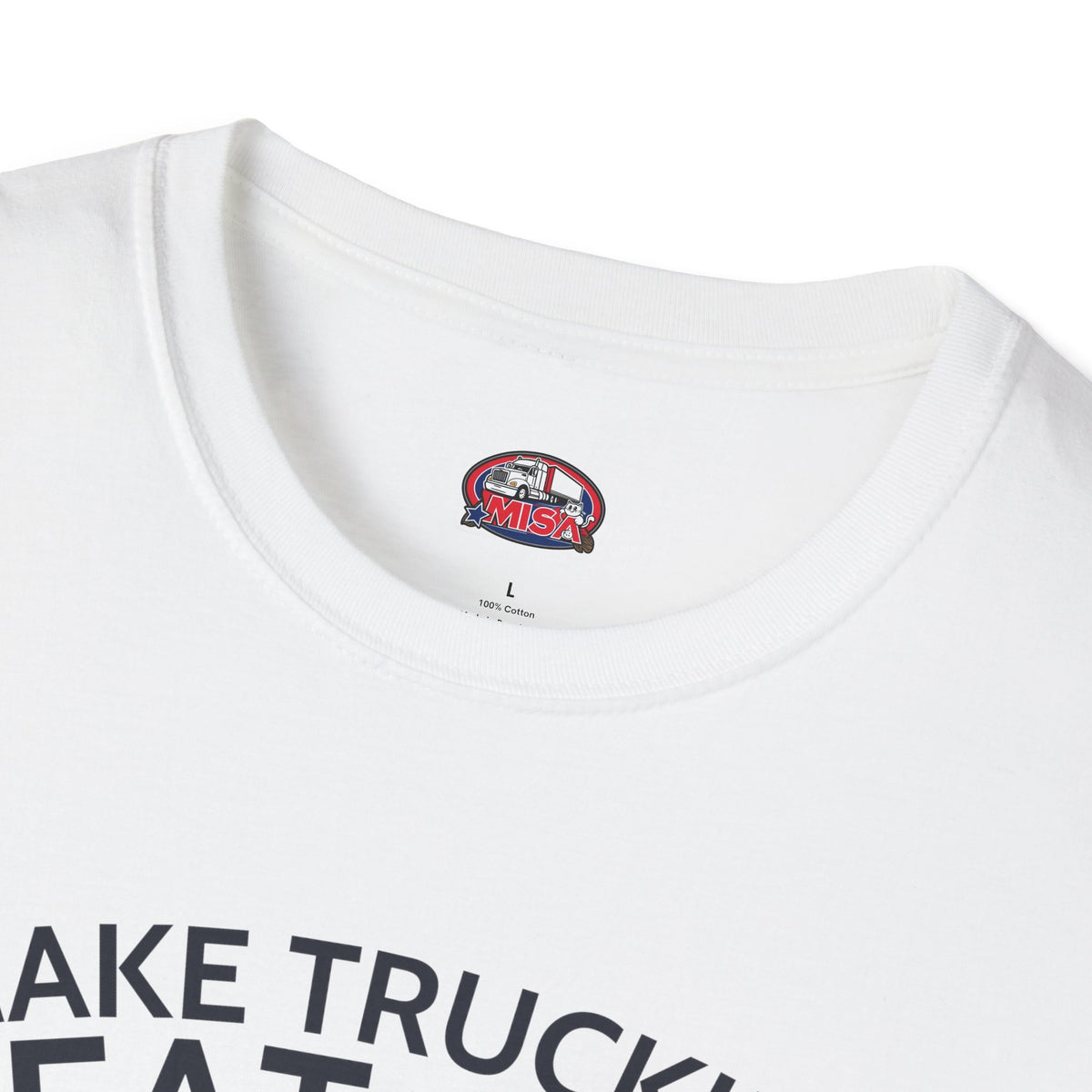 Light blue Make Trucking Great Again T-Shirt with semi-truck graphic, ideal for truck drivers and fans, by Printify.
