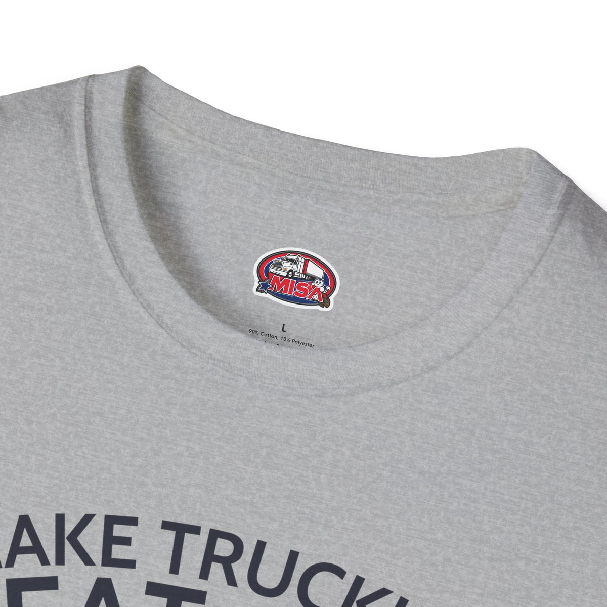 Light blue Make Trucking Great Again T-Shirt with semi-truck graphic for truck drivers and fans, by Printify.