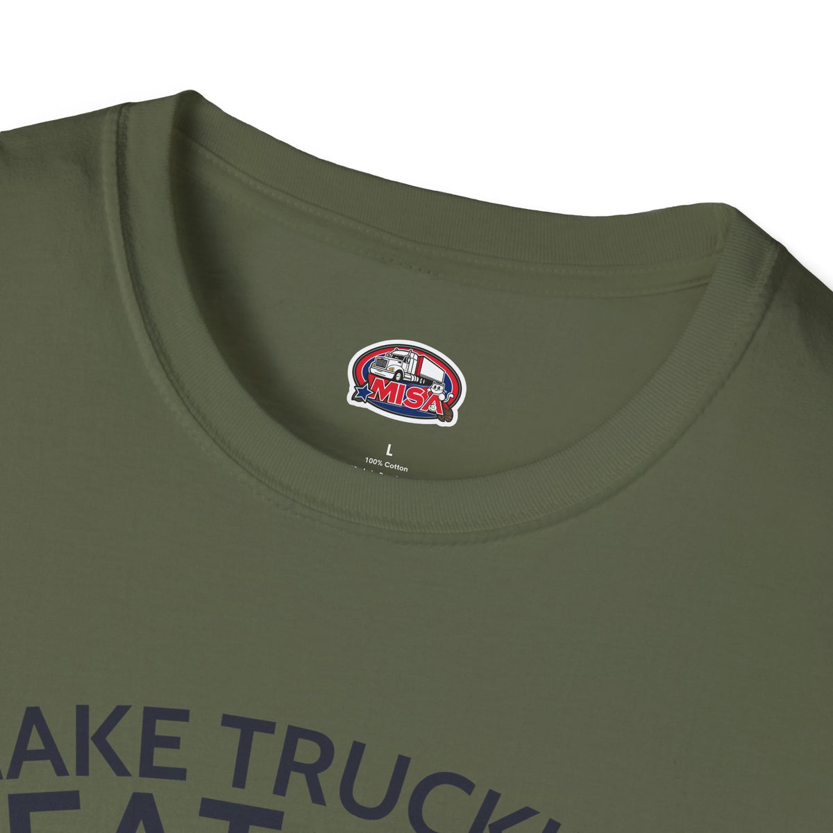 Light blue Make Trucking Great Again T-Shirt featuring a semi-truck graphic, perfect for truck drivers and fans.