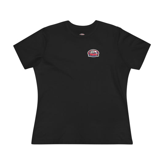 Patriotic women's cotton T-shirt with "We Drive America's Economy" slogan, featuring a casual fit and patriotic design.