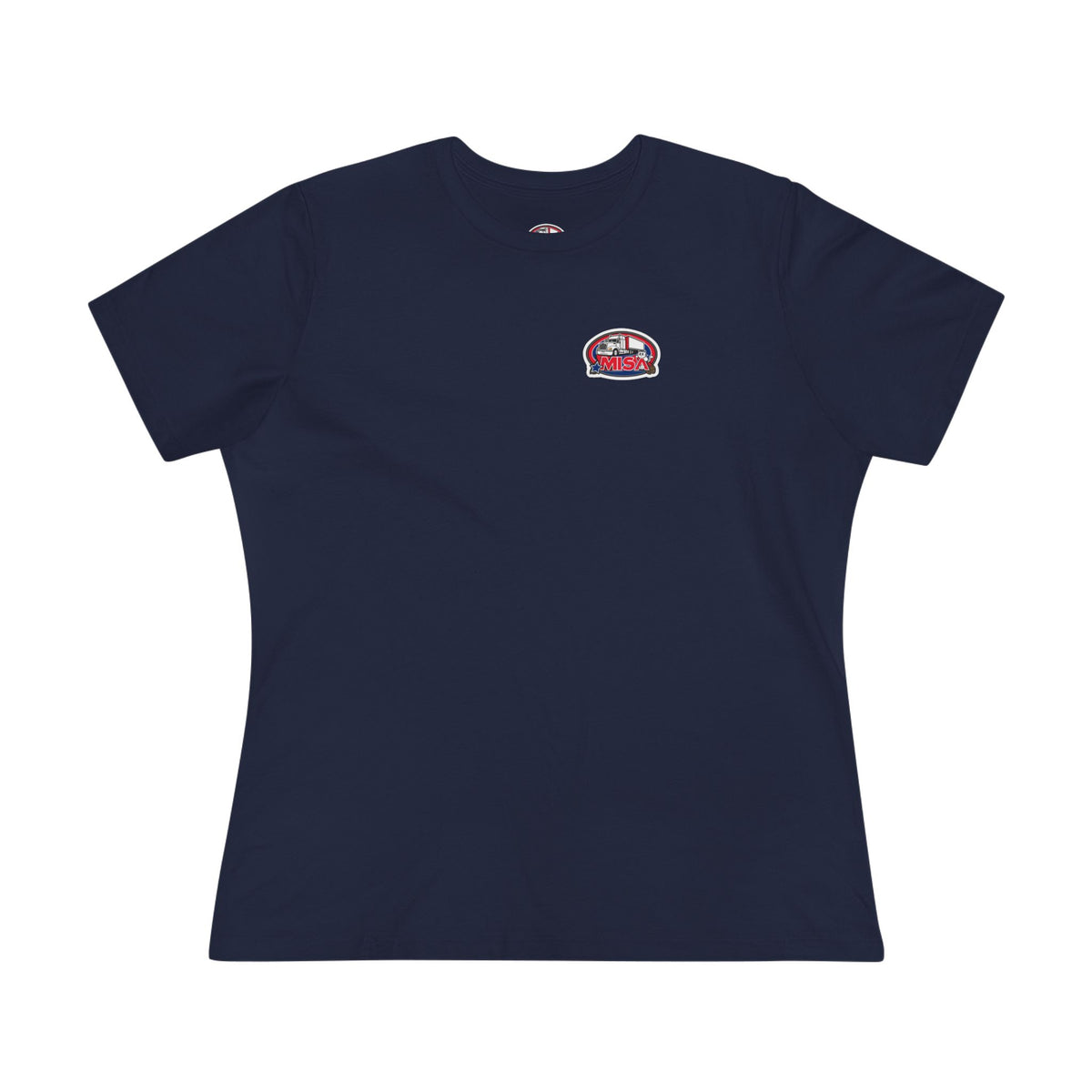 Patriotic women's cotton T-shirt by Printify with "We Drive America's Economy" slogan on asphalt background.