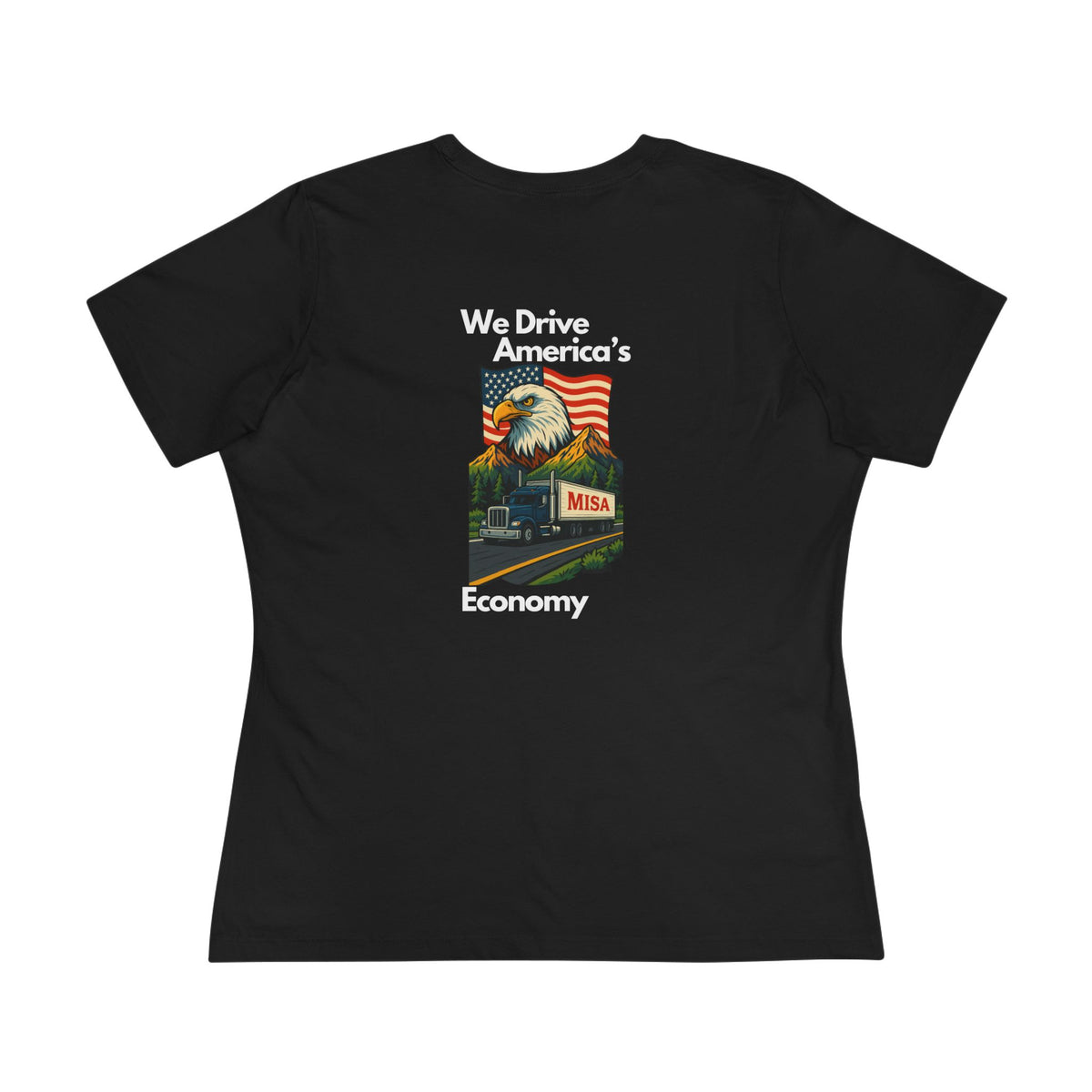 Patriotic women's cotton T-shirt with "We Drive America's Economy" slogan, featuring a casual fit and American flag design.